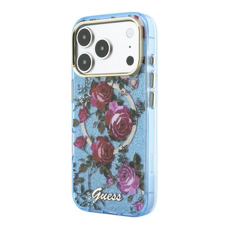 Apple iPhone 18 Pro Kılıf Guess Orjinal Lisanslı M-safe Şarj Özellikli Gül Desenli Simli Yazı Logolu Kapak