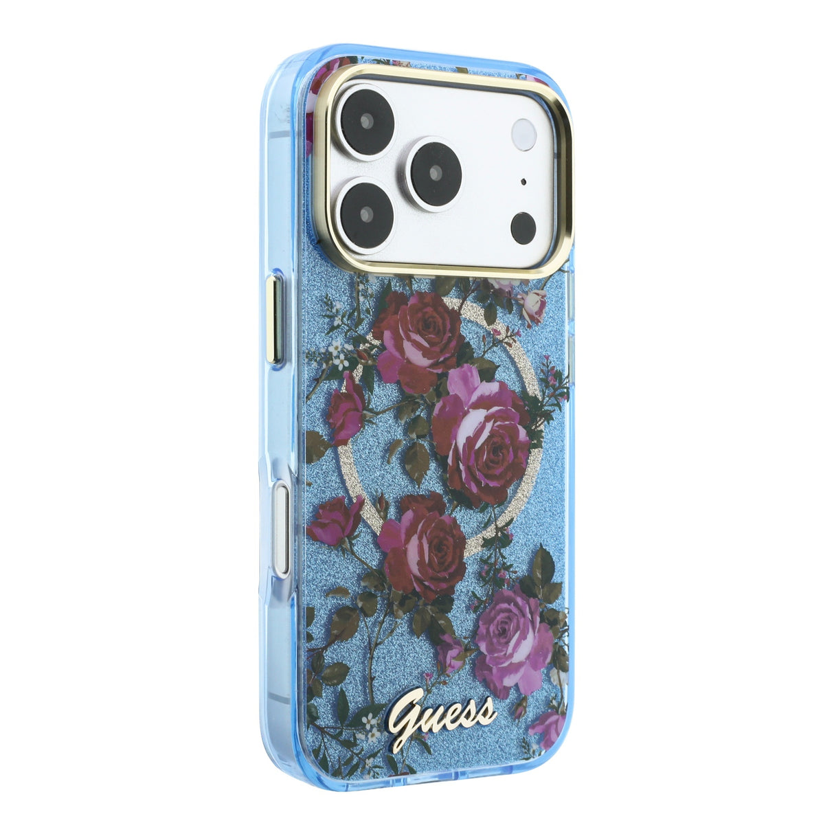 Apple iPhone 18 Pro Kılıf Guess Orjinal Lisanslı M-safe Şarj Özellikli Gül Desenli Simli Yazı Logolu Kapak