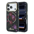 Apple iPhone 18 Pro Kılıf Guess Orjinal Lisanslı M-safe Şarj Özellikli Gül Desenli Simli Yazı Logolu Kapak