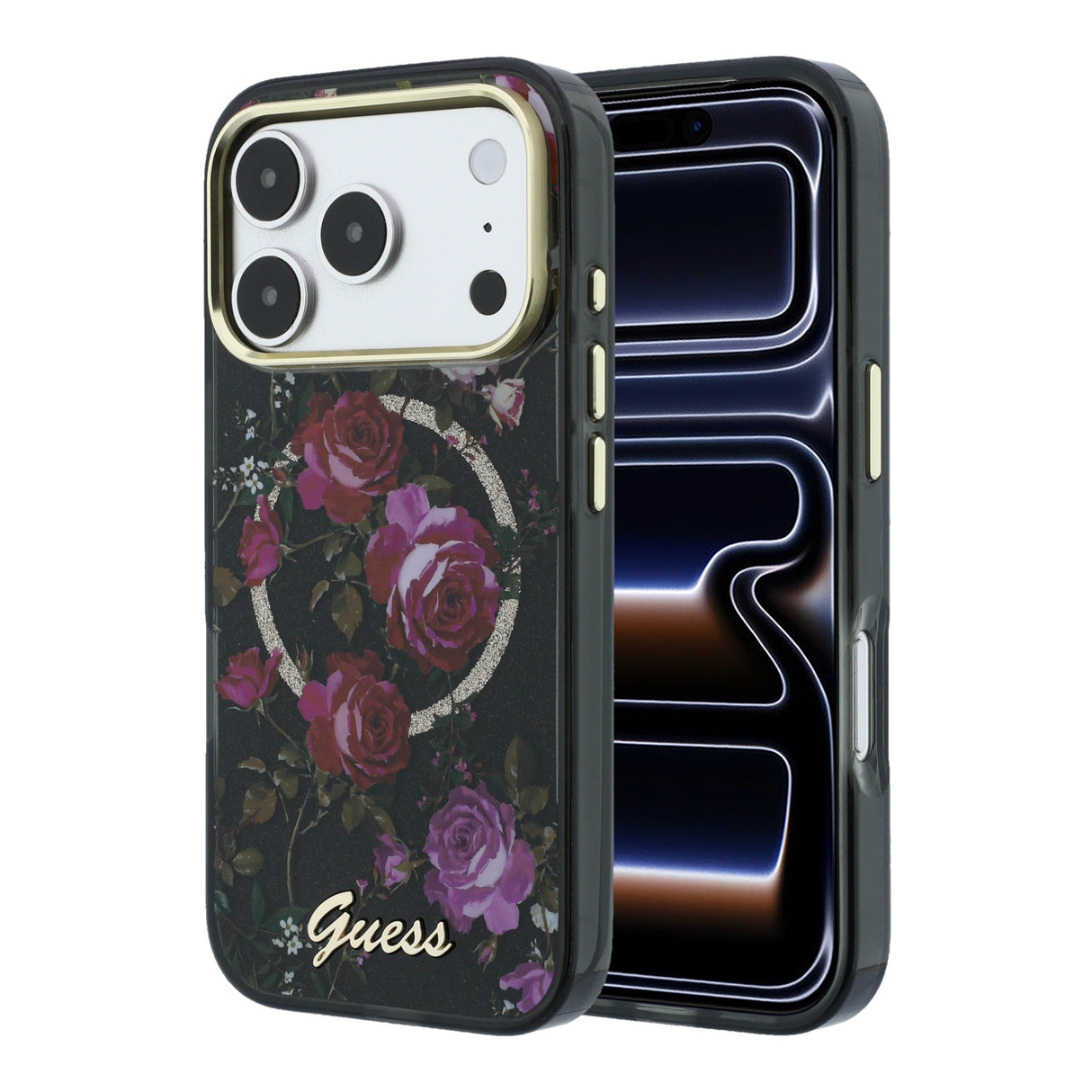 Apple iPhone 18 Pro Kılıf Guess Orjinal Lisanslı M-safe Şarj Özellikli Gül Desenli Simli Yazı Logolu Kapak
