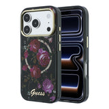 Apple iPhone 18 Pro Kılıf Guess Orjinal Lisanslı M-safe Şarj Özellikli Gül Desenli Simli Yazı Logolu Kapak