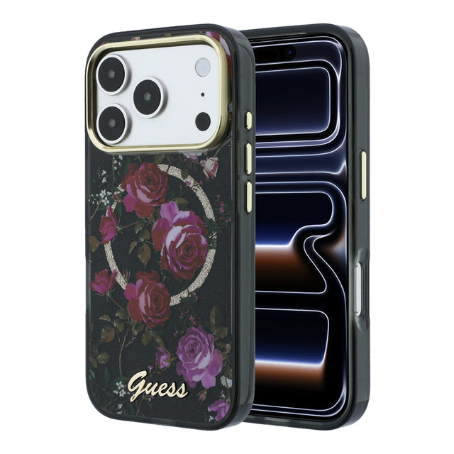 Apple iPhone 18 Pro Kılıf Guess Orjinal Lisanslı M-safe Şarj Özellikli Gül Desenli Simli Yazı Logolu Kapak