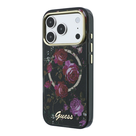 Apple iPhone 18 Pro Kılıf Guess Orjinal Lisanslı M-safe Şarj Özellikli Gül Desenli Simli Yazı Logolu Kapak