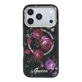 Apple iPhone 18 Pro Kılıf Guess Orjinal Lisanslı M-safe Şarj Özellikli Gül Desenli Simli Yazı Logolu Kapak