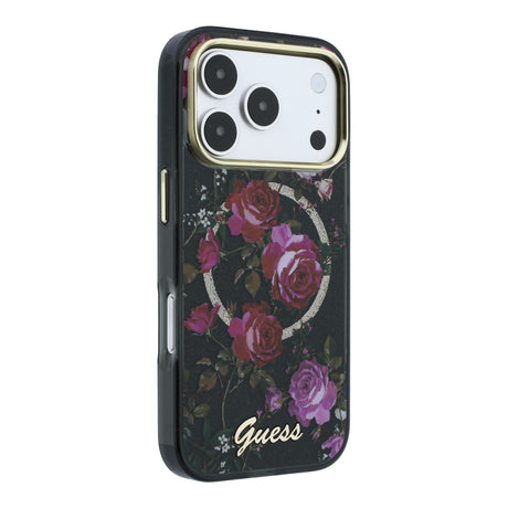 Apple iPhone 18 Pro Kılıf Guess Orjinal Lisanslı M-safe Şarj Özellikli Gül Desenli Simli Yazı Logolu Kapak