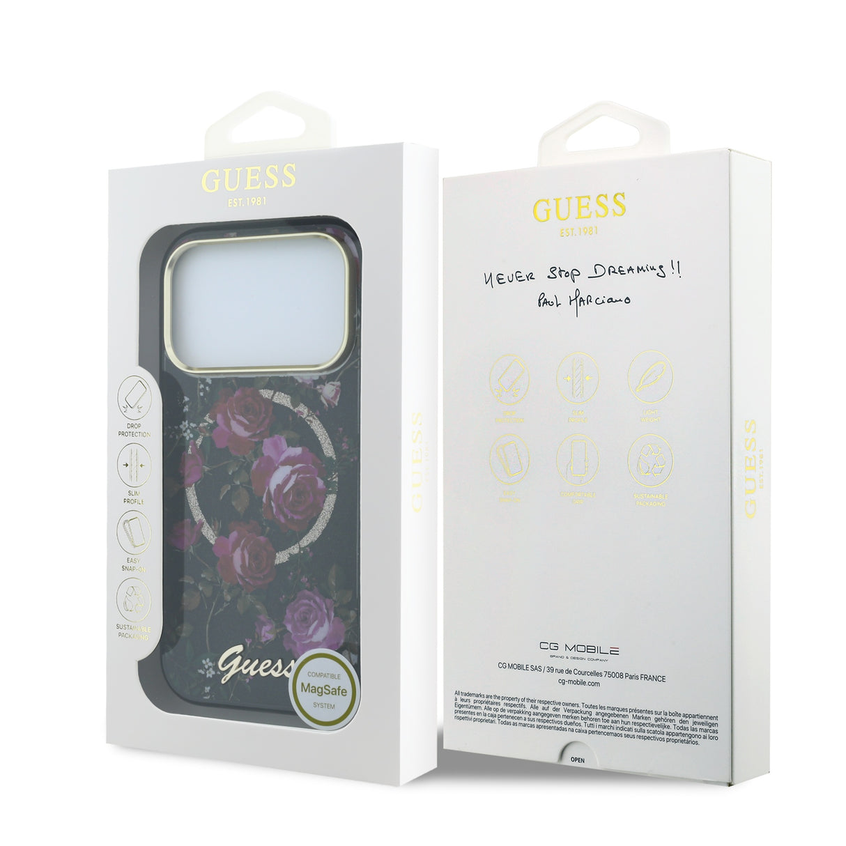 Apple iPhone 18 Pro Kılıf Guess Orjinal Lisanslı M-safe Şarj Özellikli Gül Desenli Simli Yazı Logolu Kapak