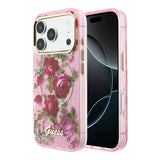 Apple iPhone 18 Pro Kılıf Guess Orjinal Lisanslı M-safe Şarj Özellikli Gül Desenli Simli Yazı Logolu Kapak