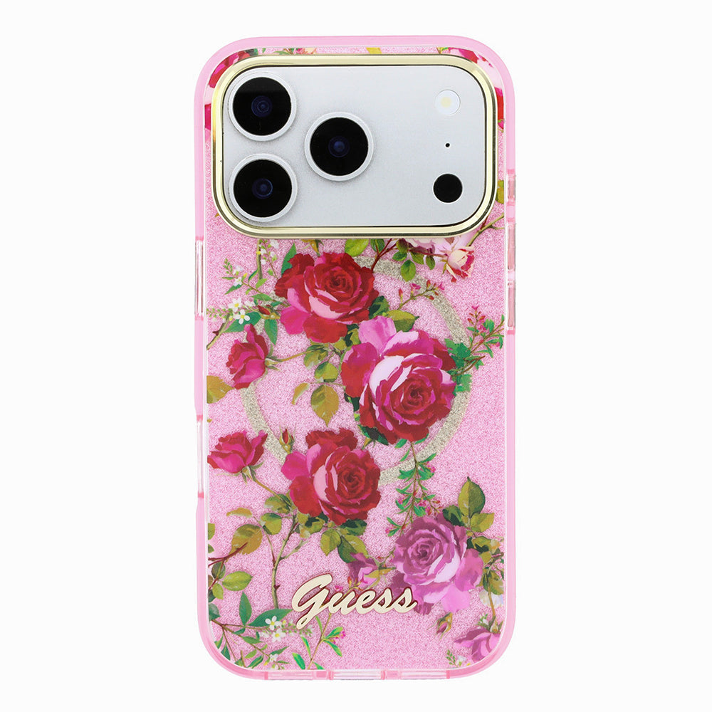 Apple iPhone 18 Pro Kılıf Guess Orjinal Lisanslı M-safe Şarj Özellikli Gül Desenli Simli Yazı Logolu Kapak