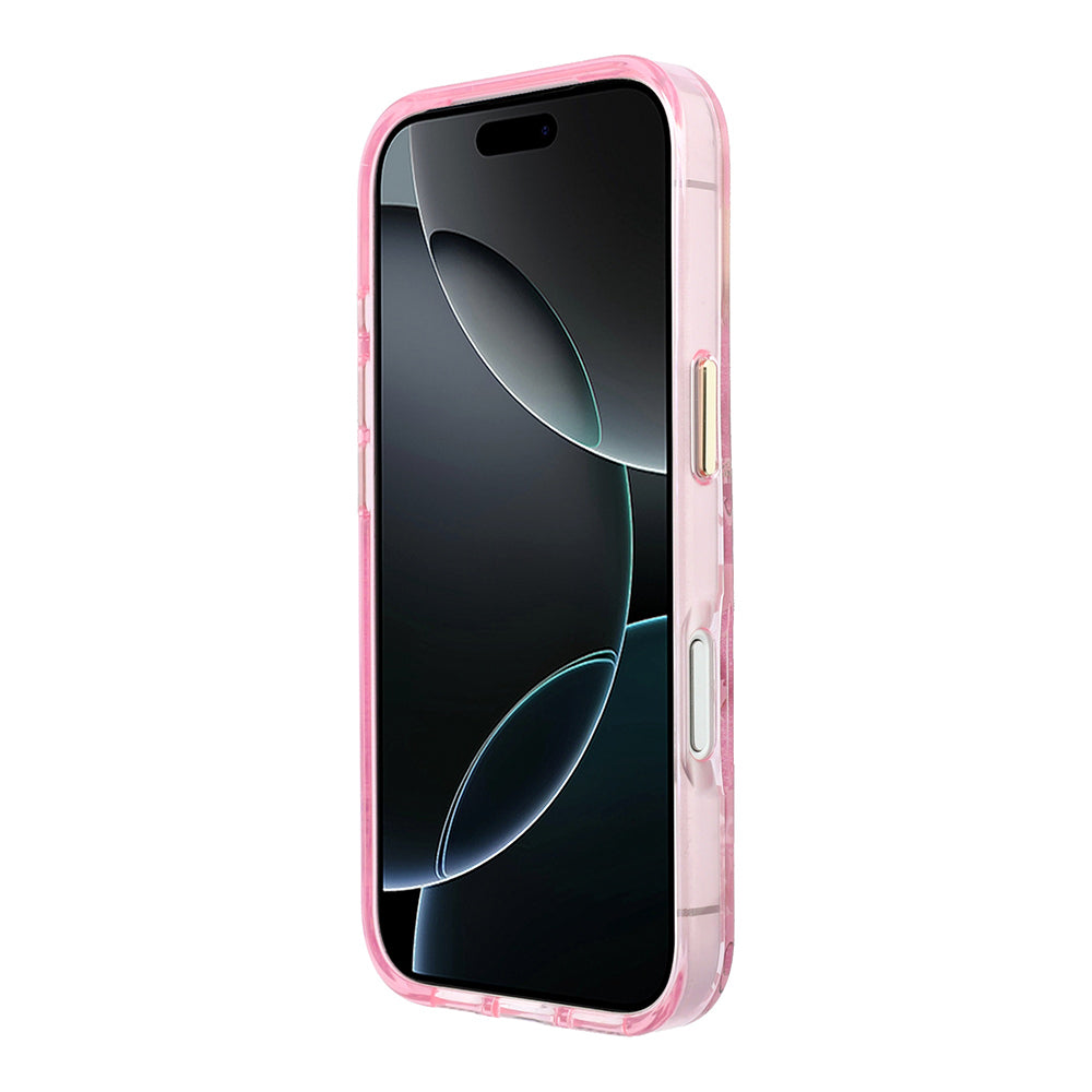 Apple iPhone 18 Pro Kılıf Guess Orjinal Lisanslı M-safe Şarj Özellikli Gül Desenli Simli Yazı Logolu Kapak