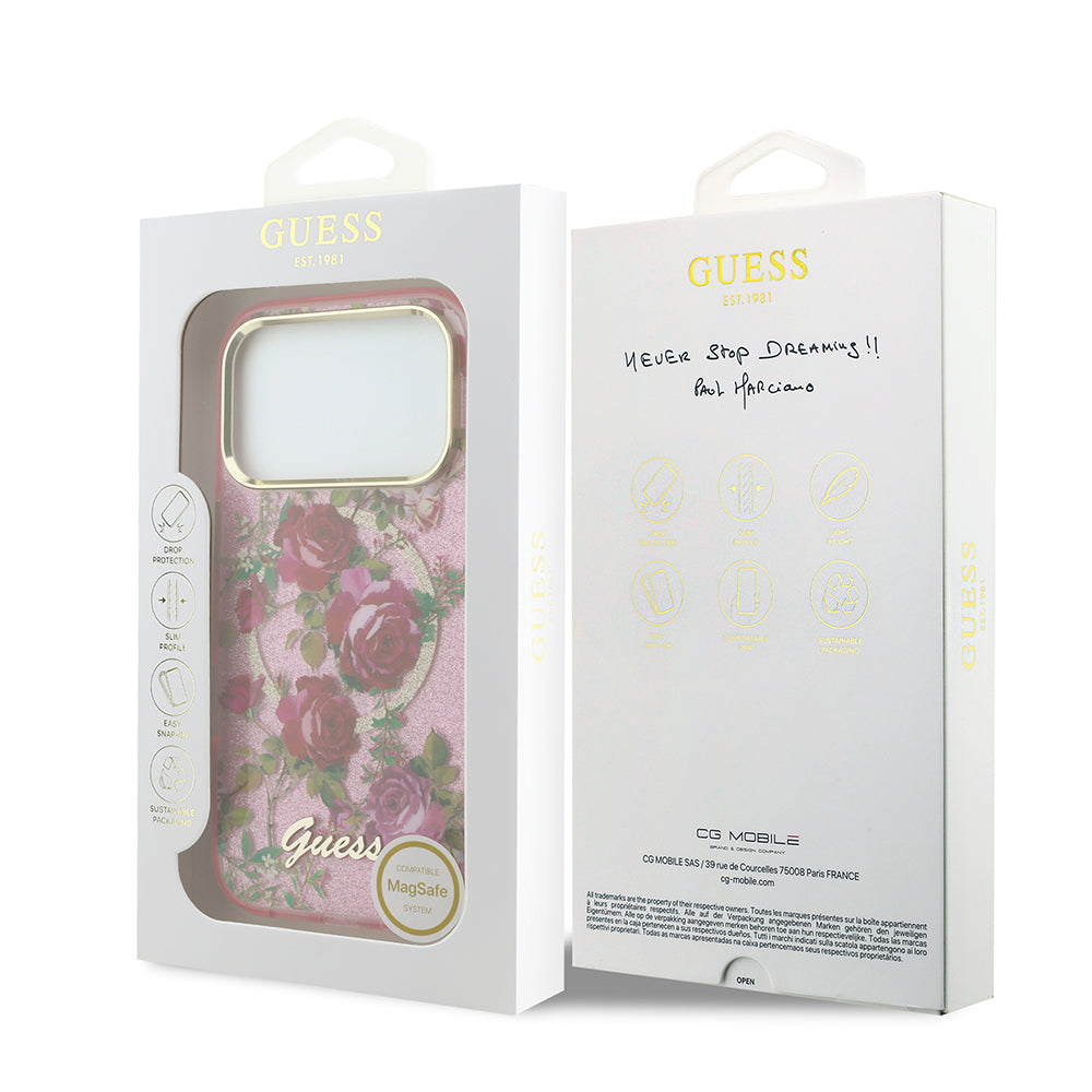Apple iPhone 18 Pro Kılıf Guess Orjinal Lisanslı M-safe Şarj Özellikli Gül Desenli Simli Yazı Logolu Kapak