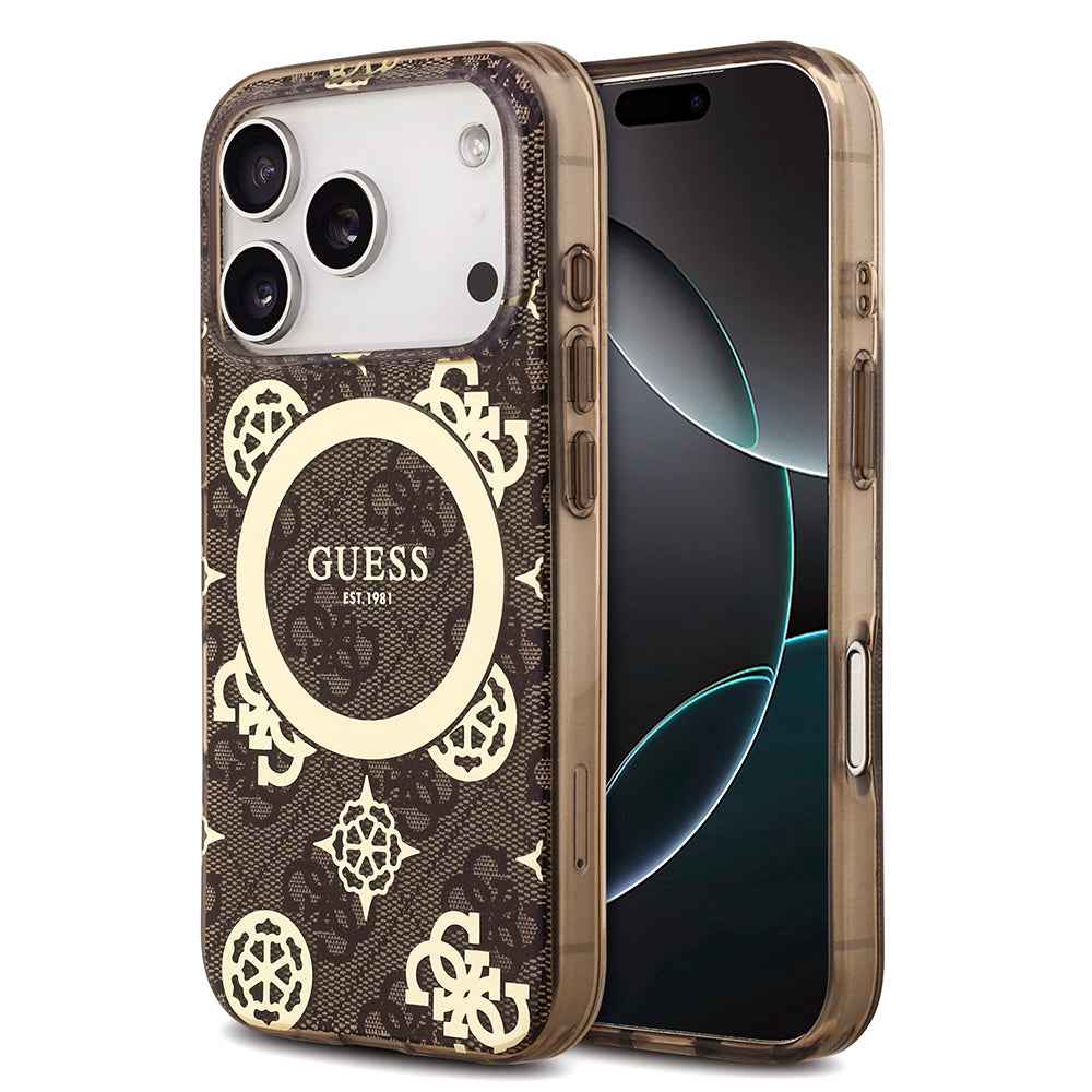 Apple iPhone 18 Pro Kılıf Guess Orjinal Lisanslı M-safe Şarj Özellikli IML Peony ve 4G Desenli Klasik Logolu Kapak