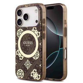 Apple iPhone 18 Pro Kılıf Guess Orjinal Lisanslı M-safe Şarj Özellikli IML Peony ve 4G Desenli Klasik Logolu Kapak