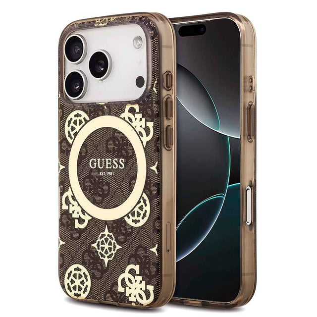 Apple iPhone 18 Pro Kılıf Guess Orjinal Lisanslı M-safe Şarj Özellikli IML Peony ve 4G Desenli Klasik Logolu Kapak