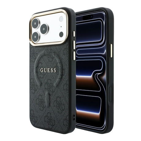 Apple iPhone 18 Pro Kılıf Guess Orjinal Lisanslı M-safe Şarj Özellikli Metal Kamera Çerçeveli C-Magnet 4G Desenli Yazı Logolu Kapak