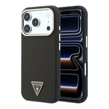 Apple iPhone 18 Pro Kılıf Guess Orjinal Lisanslı M-safe Şarj Özellikli PU Metal Üçgen Logolu Karbon Fiber Kevlar Kapak