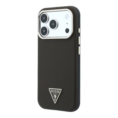 Apple iPhone 18 Pro Kılıf Guess Orjinal Lisanslı M-safe Şarj Özellikli PU Metal Üçgen Logolu Karbon Fiber Kevlar Kapak