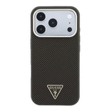 Apple iPhone 18 Pro Kılıf Guess Orjinal Lisanslı M-safe Şarj Özellikli PU Metal Üçgen Logolu Karbon Fiber Kevlar Kapak