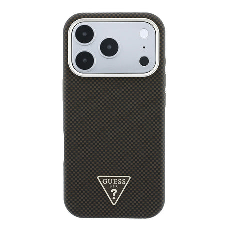 Apple iPhone 18 Pro Kılıf Guess Orjinal Lisanslı M-safe Şarj Özellikli PU Metal Üçgen Logolu Karbon Fiber Kevlar Kapak
