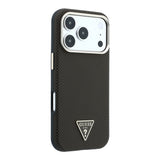 Apple iPhone 18 Pro Kılıf Guess Orjinal Lisanslı M-safe Şarj Özellikli PU Metal Üçgen Logolu Karbon Fiber Kevlar Kapak