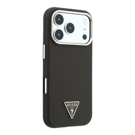 Apple iPhone 18 Pro Kılıf Guess Orjinal Lisanslı M-safe Şarj Özellikli PU Metal Üçgen Logolu Karbon Fiber Kevlar Kapak