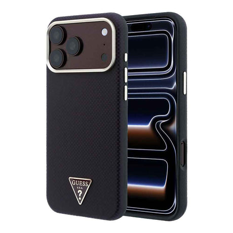 Apple iPhone 18 Pro Kılıf Guess Orjinal Lisanslı M-safe Şarj Özellikli PU Metal Üçgen Logolu Karbon Fiber Kevlar Kapak