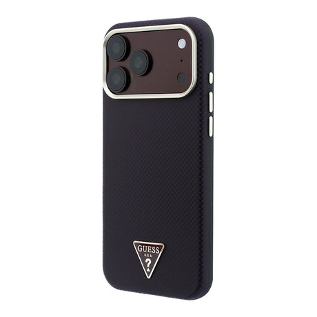 Apple iPhone 18 Pro Kılıf Guess Orjinal Lisanslı M-safe Şarj Özellikli PU Metal Üçgen Logolu Karbon Fiber Kevlar Kapak