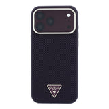 Apple iPhone 18 Pro Kılıf Guess Orjinal Lisanslı M-safe Şarj Özellikli PU Metal Üçgen Logolu Karbon Fiber Kevlar Kapak
