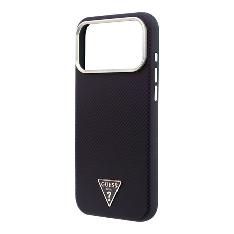 Apple iPhone 18 Pro Kılıf Guess Orjinal Lisanslı M-safe Şarj Özellikli PU Metal Üçgen Logolu Karbon Fiber Kevlar Kapak