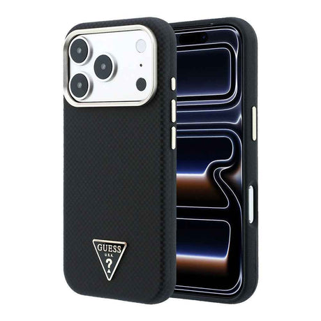 Apple iPhone 18 Pro Kılıf Guess Orjinal Lisanslı M-safe Şarj Özellikli PU Metal Üçgen Logolu Karbon Fiber Kevlar Kapak