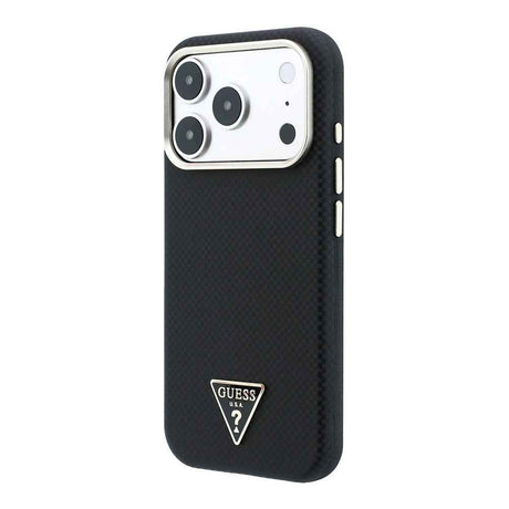 Apple iPhone 18 Pro Kılıf Guess Orjinal Lisanslı M-safe Şarj Özellikli PU Metal Üçgen Logolu Karbon Fiber Kevlar Kapak