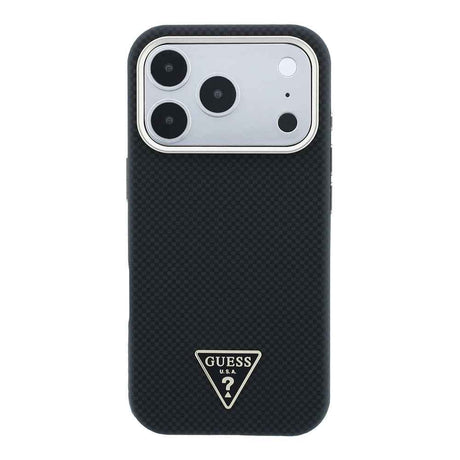 Apple iPhone 18 Pro Kılıf Guess Orjinal Lisanslı M-safe Şarj Özellikli PU Metal Üçgen Logolu Karbon Fiber Kevlar Kapak