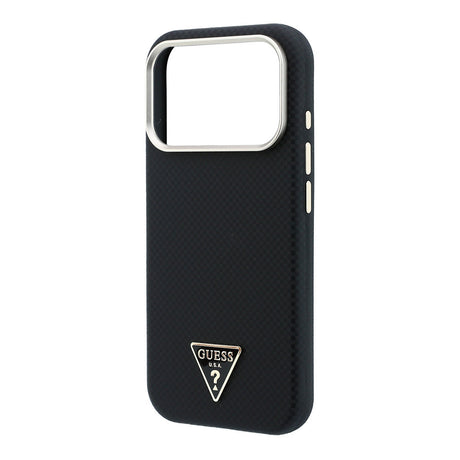 Apple iPhone 18 Pro Kılıf Guess Orjinal Lisanslı M-safe Şarj Özellikli PU Metal Üçgen Logolu Karbon Fiber Kevlar Kapak