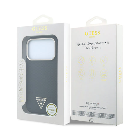 Apple iPhone 18 Pro Kılıf Guess Orjinal Lisanslı M-safe Şarj Özellikli PU Metal Üçgen Logolu Karbon Fiber Kevlar Kapak
