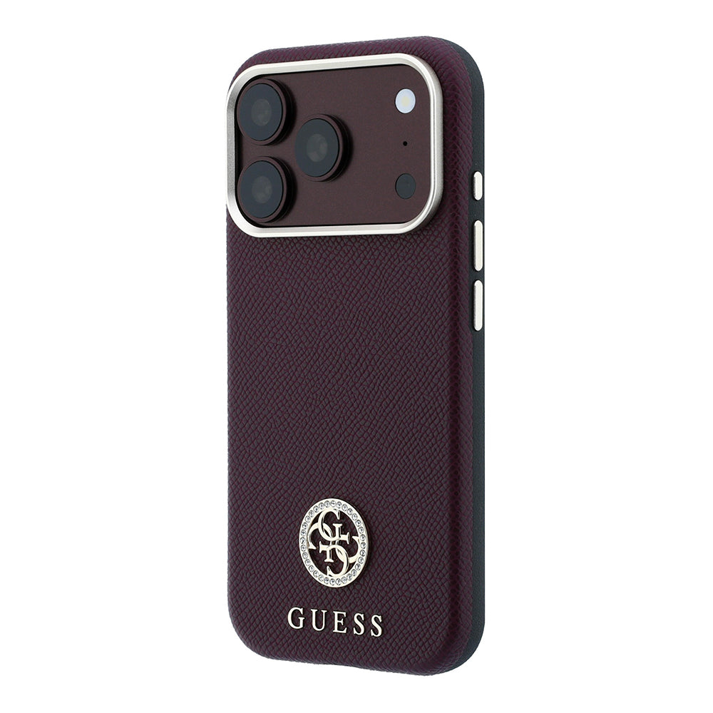 Apple iPhone 18 Pro Kılıf Guess Orjinal Lisanslı M-safe Şarj Özellikli PU Taşlı Metal 4G ve Yazı Logolu Kapak