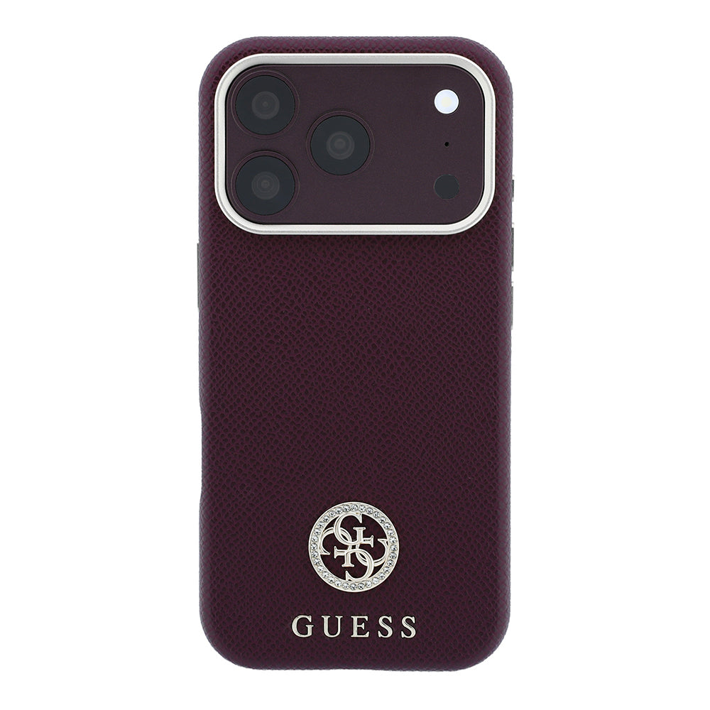 Apple iPhone 18 Pro Kılıf Guess Orjinal Lisanslı M-safe Şarj Özellikli PU Taşlı Metal 4G ve Yazı Logolu Kapak