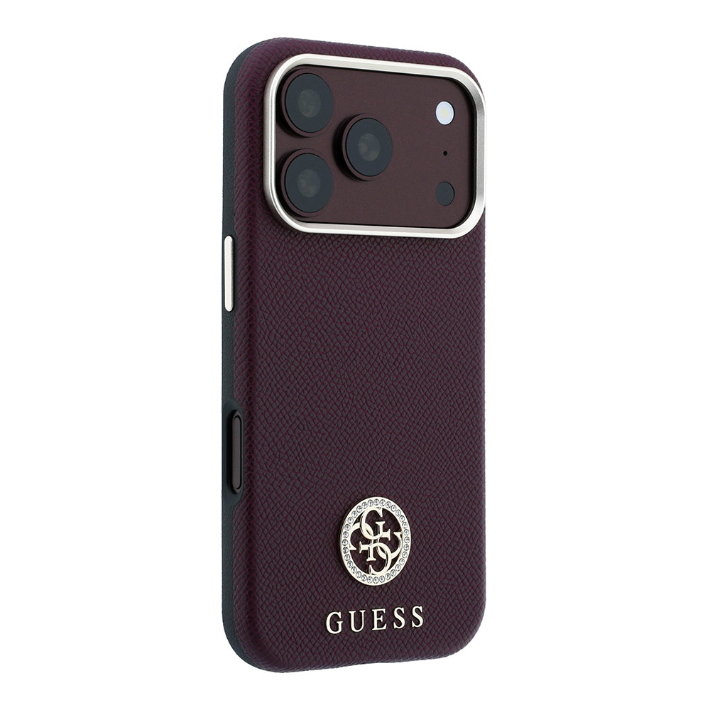 Apple iPhone 18 Pro Kılıf Guess Orjinal Lisanslı M-safe Şarj Özellikli PU Taşlı Metal 4G ve Yazı Logolu Kapak