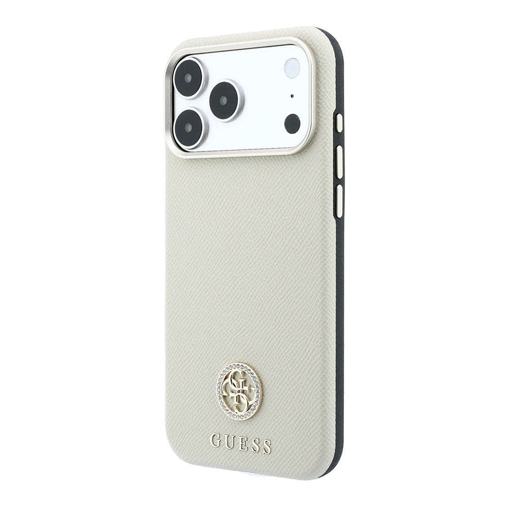 Apple iPhone 18 Pro Kılıf Guess Orjinal Lisanslı M-safe Şarj Özellikli PU Taşlı Metal 4G ve Yazı Logolu Kapak