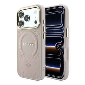 Apple iPhone 18 Pro Kılıf Guess Orjinal Lisanslı M-safe Şarj Özellikli Sıcak Baskılı Yazı Logolu C-Magnet PU Deri Peony Kapak