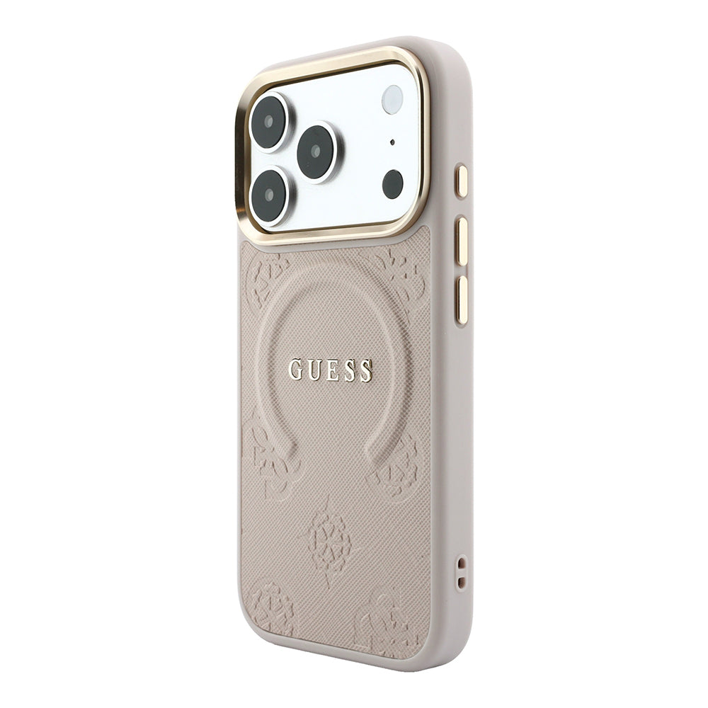 Apple iPhone 18 Pro Kılıf Guess Orjinal Lisanslı M-safe Şarj Özellikli Sıcak Baskılı Yazı Logolu C-Magnet PU Deri Peony Kapak