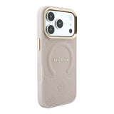 Apple iPhone 18 Pro Kılıf Guess Orjinal Lisanslı M-safe Şarj Özellikli Sıcak Baskılı Yazı Logolu C-Magnet PU Deri Peony Kapak