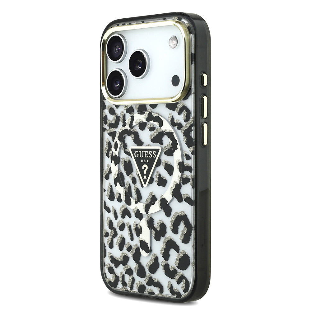 Apple iPhone 18 Pro Kılıf Guess Orjinal Lisanslı M-safe Şarj Özellikli Üçgen Logolu Simli Leopar Desenli Kapak