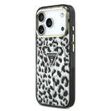 Apple iPhone 18 Pro Kılıf Guess Orjinal Lisanslı M-safe Şarj Özellikli Üçgen Logolu Simli Leopar Desenli Kapak