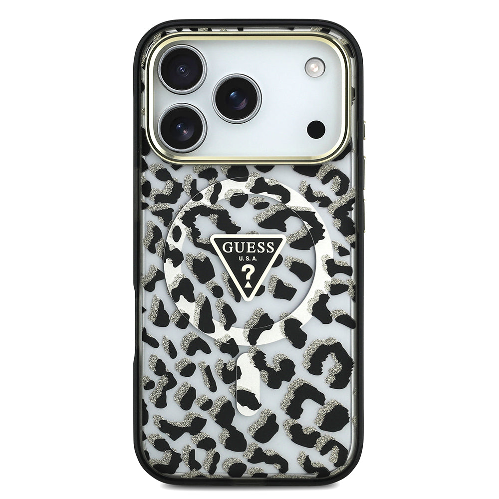 Apple iPhone 18 Pro Kılıf Guess Orjinal Lisanslı M-safe Şarj Özellikli Üçgen Logolu Simli Leopar Desenli Kapak