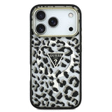 Apple iPhone 18 Pro Kılıf Guess Orjinal Lisanslı M-safe Şarj Özellikli Üçgen Logolu Simli Leopar Desenli Kapak