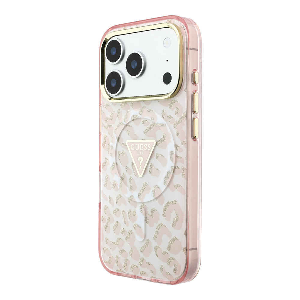 Apple iPhone 18 Pro Kılıf Guess Orjinal Lisanslı M-safe Şarj Özellikli Üçgen Logolu Simli Leopar Desenli Kapak