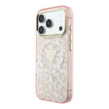 Apple iPhone 18 Pro Kılıf Guess Orjinal Lisanslı M-safe Şarj Özellikli Üçgen Logolu Simli Leopar Desenli Kapak