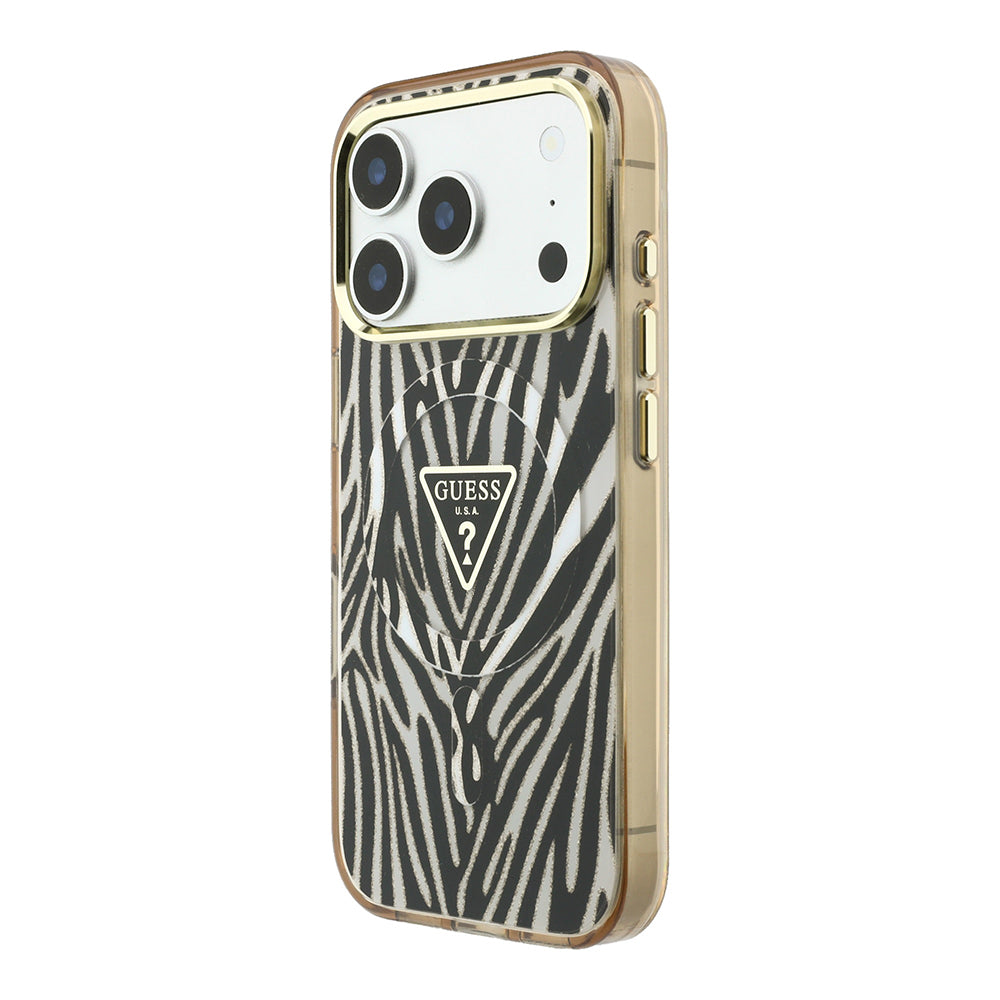 Apple iPhone 18 Pro Kılıf Guess Orjinal Lisanslı M-safe Şarj Özellikli Üçgen Logolu Zebra Desenli Silikon Kapak