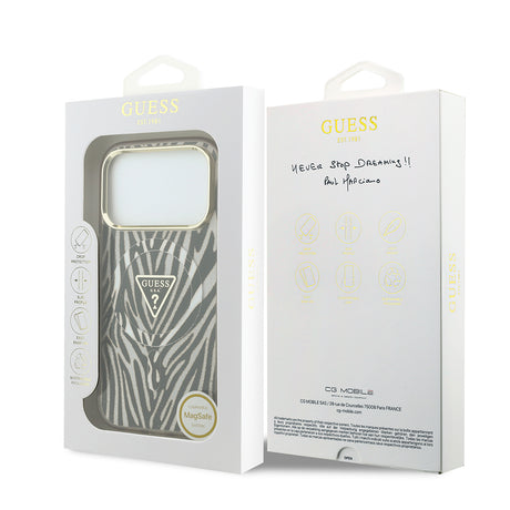 Apple iPhone 18 Pro Kılıf Guess Orjinal Lisanslı M-safe Şarj Özellikli Üçgen Logolu Zebra Desenli Silikon Kapak