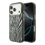 Apple iPhone 18 Pro Kılıf Guess Orjinal Lisanslı M-safe Şarj Özellikli Üçgen Logolu Zebra Desenli Silikon Kapak