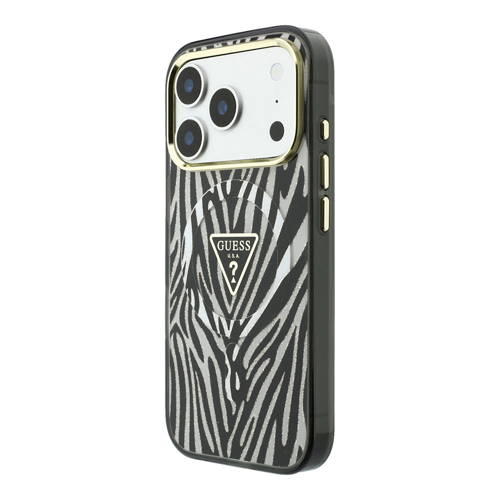 Apple iPhone 18 Pro Kılıf Guess Orjinal Lisanslı M-safe Şarj Özellikli Üçgen Logolu Zebra Desenli Silikon Kapak